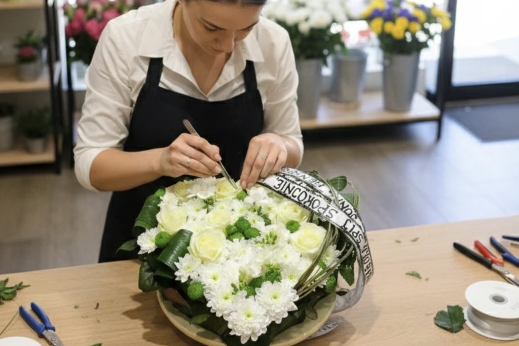 Klasyczna kompozycja żałobna typu wiązanka przygotowana przez florystę.