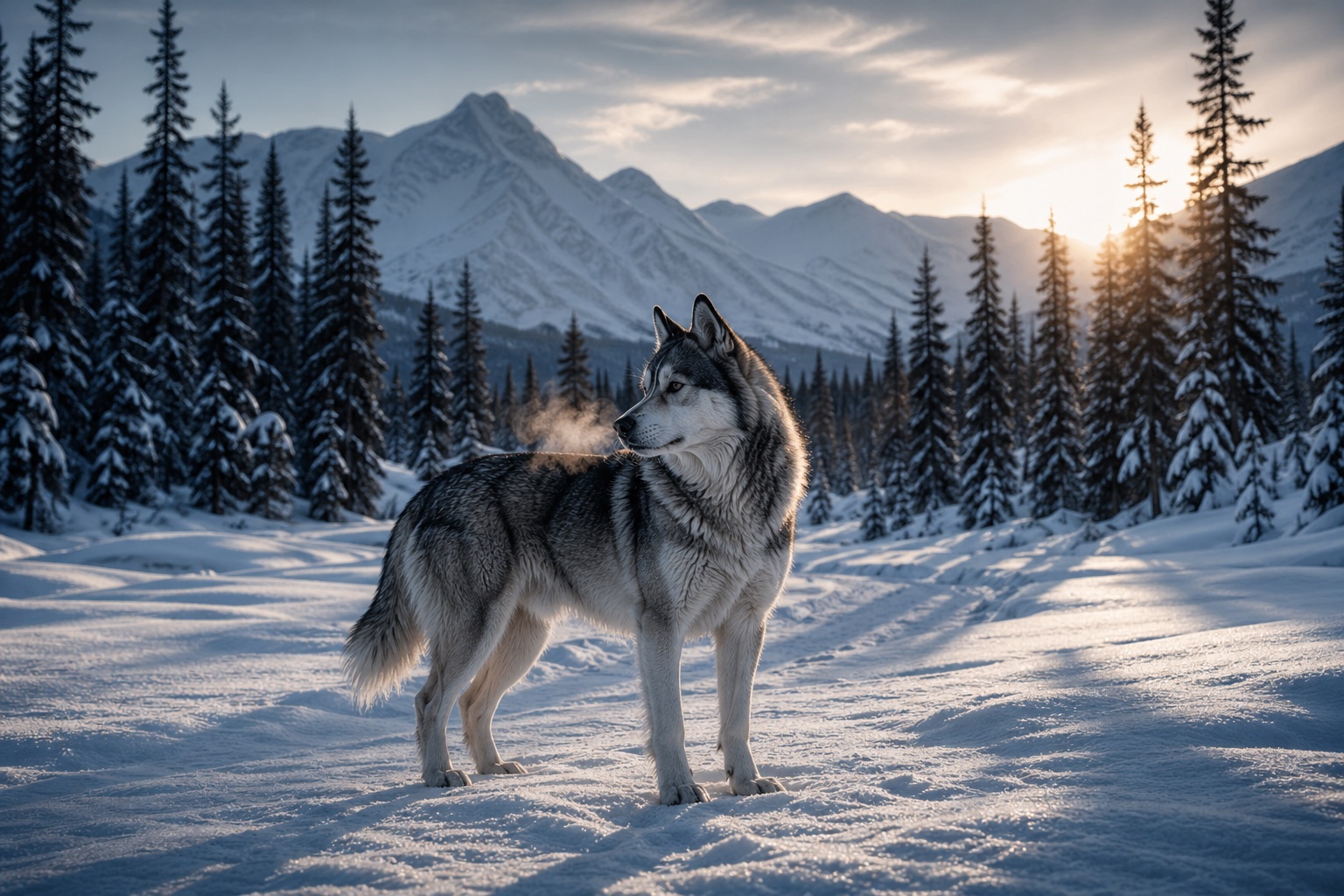 Pies przypominający husky stoi na zaśnieżonej polanie wśród sosen, zimowe światło, pejzaż dziki i samotny
