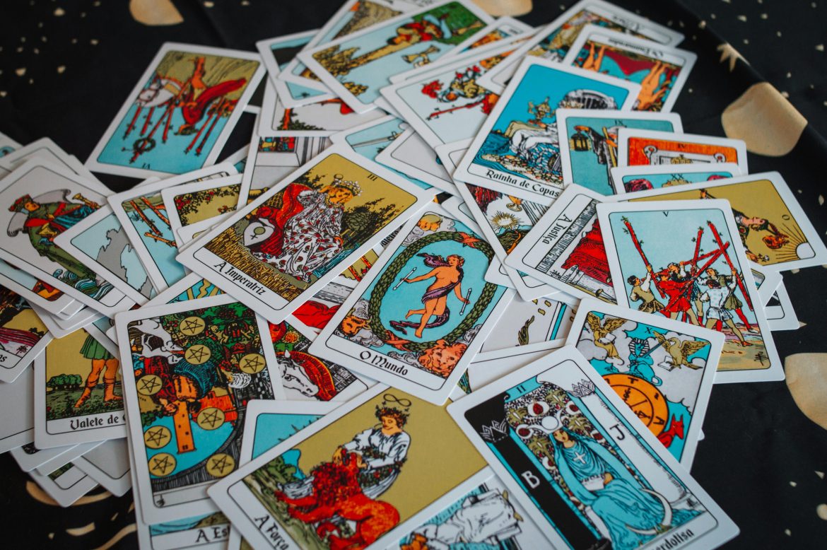 Tarot cards spread on dark cloth
