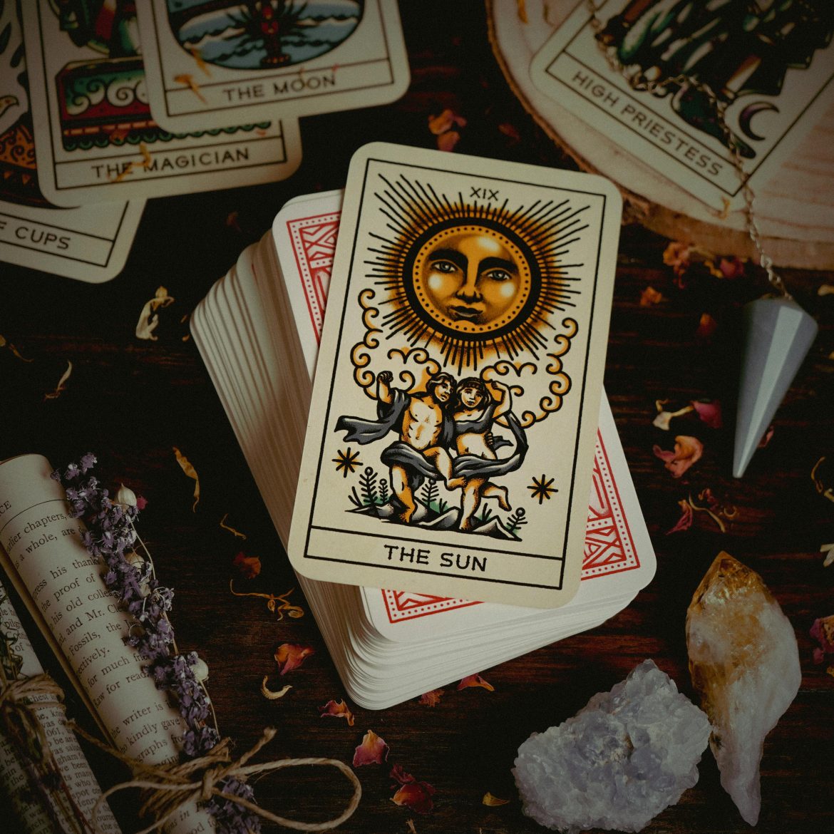 The Sun tarot card with crystals