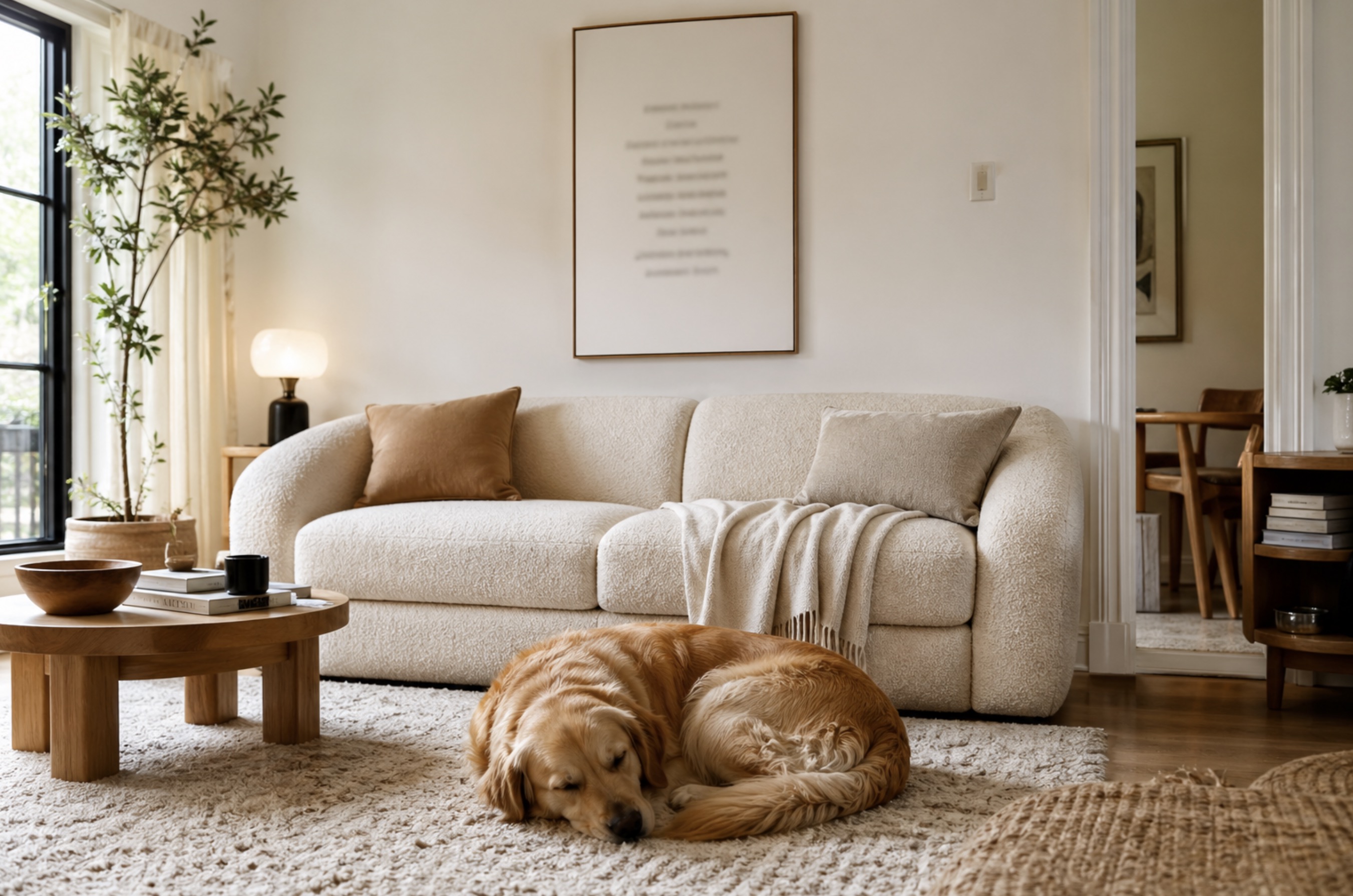 Salon z plakatem z cytatem o psie nad kanapą, śpiący golden retriever na dywanie