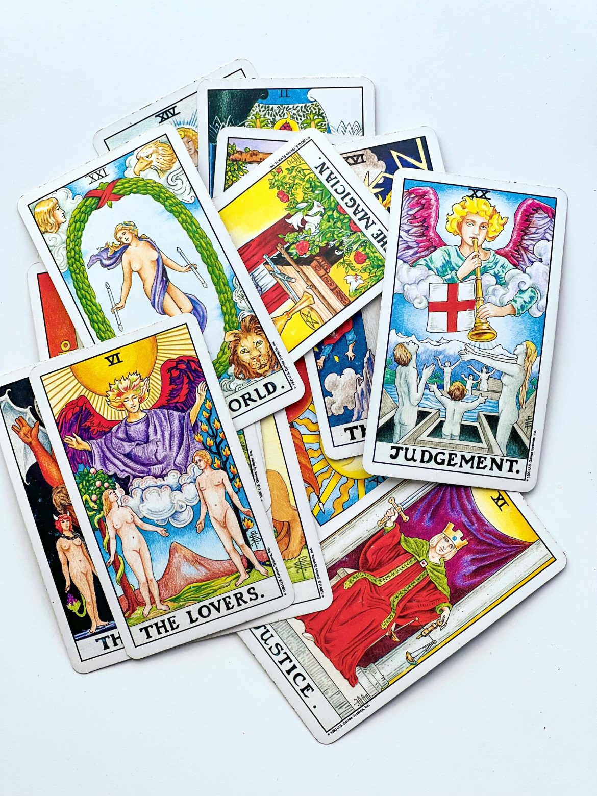 Major arcana tarot cards spread on white
