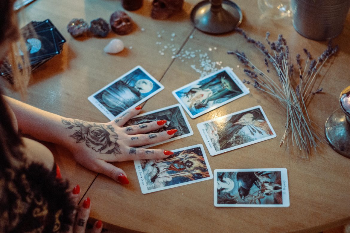 Mystical tarot reading setup on table