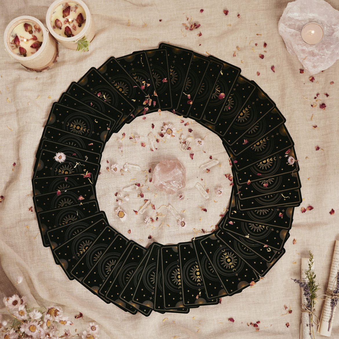 Tarot circle with crystals and candles