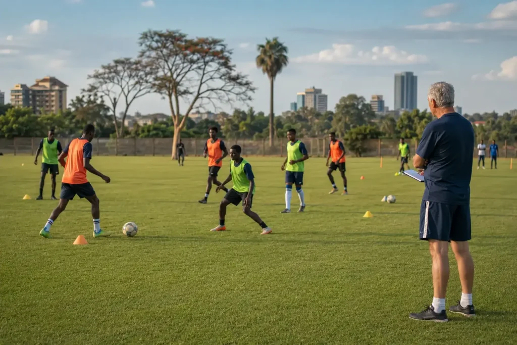 Młodzi piłkarze podczas treningu w akademii futbolowej w Zimbabwe.