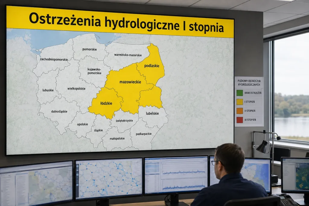 mapa ostrzeżeń hydrologicznych IMGW z zaznaczonymi regionami objętymi alertami.