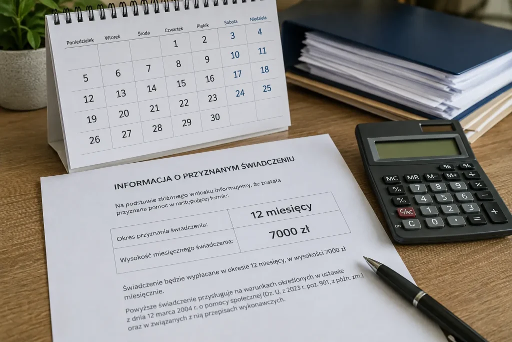 Dokument z kwotą 7000 zł, kalendarz z terminem 12 miesięcy i formularz Z-12