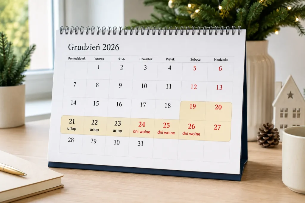 Kalendarz grudnia 2026 z zaznaczonym okresem od 24 do 28 grudnia