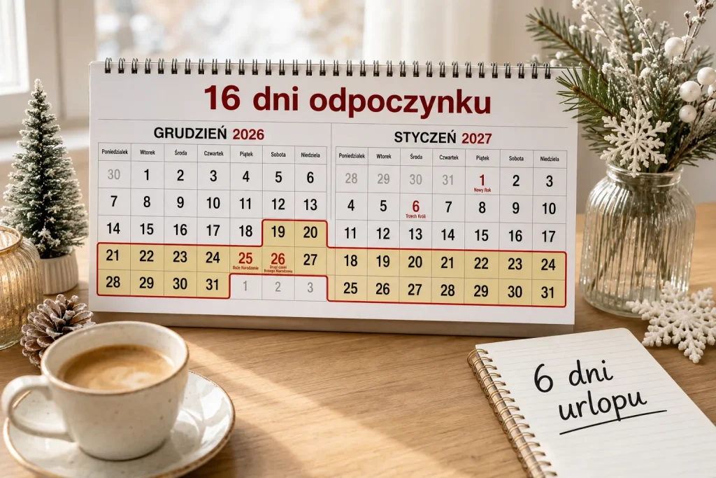 Kalendarz okresu 19 grudnia 2026 – 3 stycznia 2027 z oznaczeniem dni urlopu i dni ustawowo wolnych