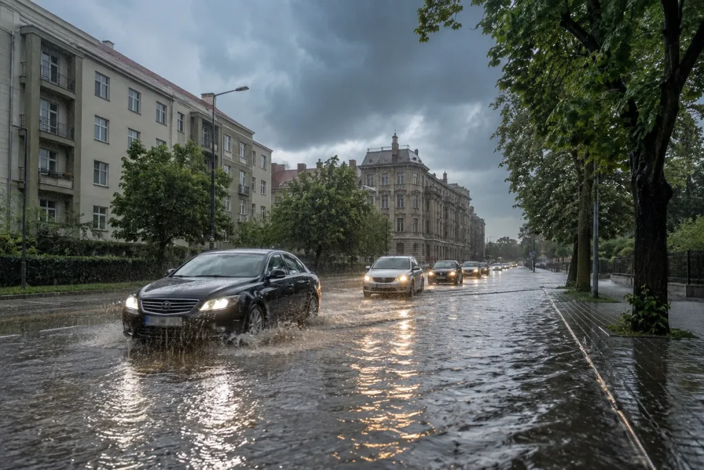 intensywna ulewa i podtopiona ulica podczas burzy