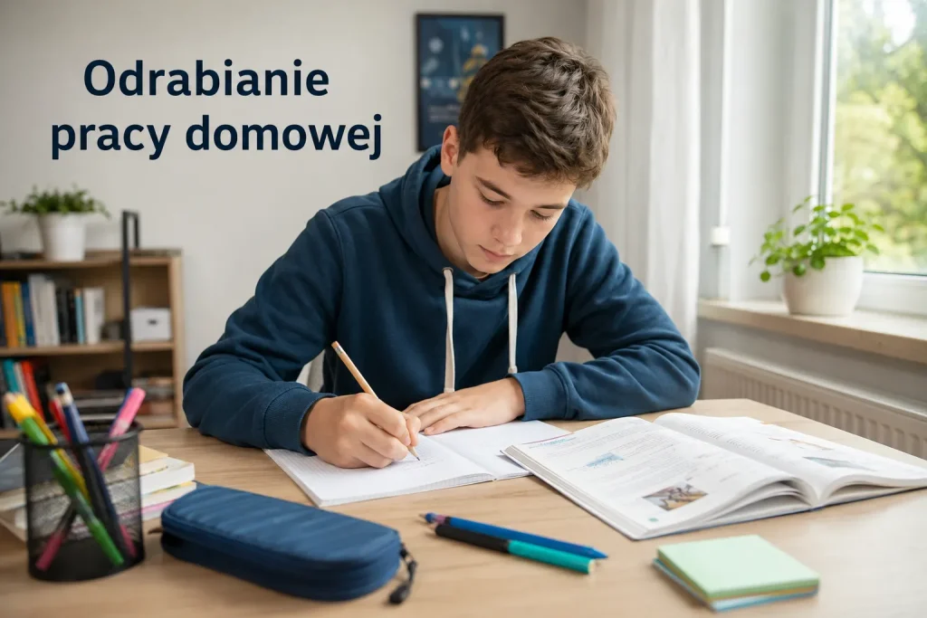 uczeń szkoły podstawowej wykonujący zadanie przy biurku, zeszyt i podręczniki]