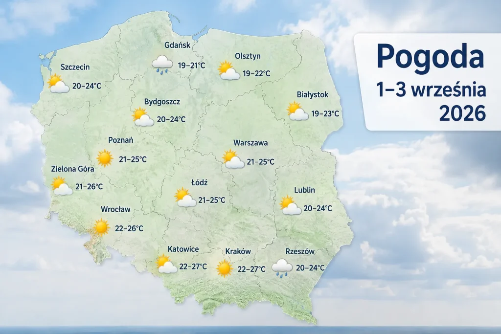 mapa Polski z temperaturami prognozowanymi na 1 września 2026