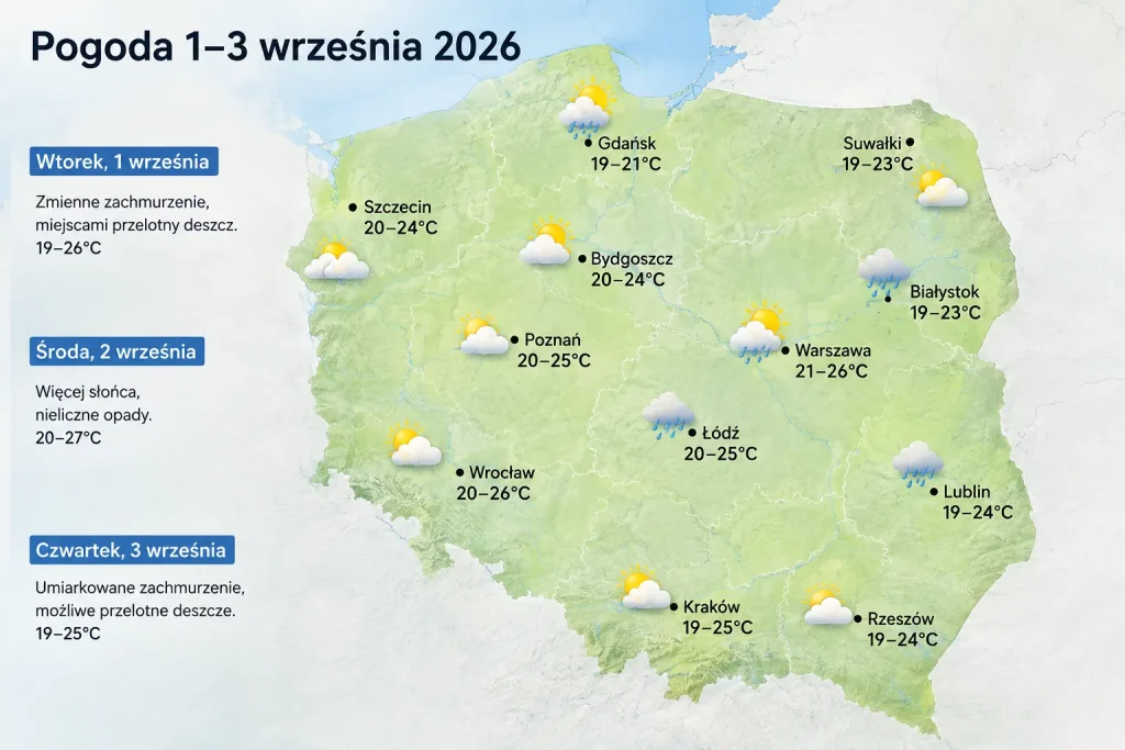 pochmurna pogoda i przelotny deszcz w dużym polskim mieście na początku września