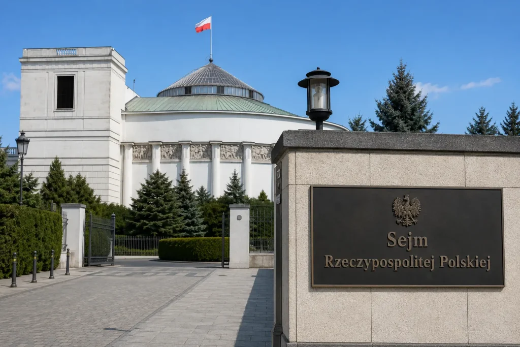  Budynek Sejmu RP, polska flaga i tablica z napisem „Sejm Rzeczypospolitej Polskiej”.
