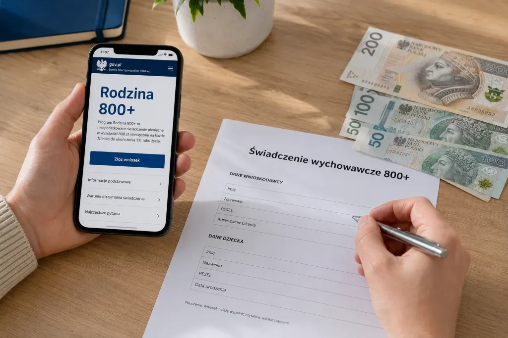 Smartfon z otwartą aplikacją mZUS, dokumenty dotyczące świadczenia rodzinnego i polskie banknoty