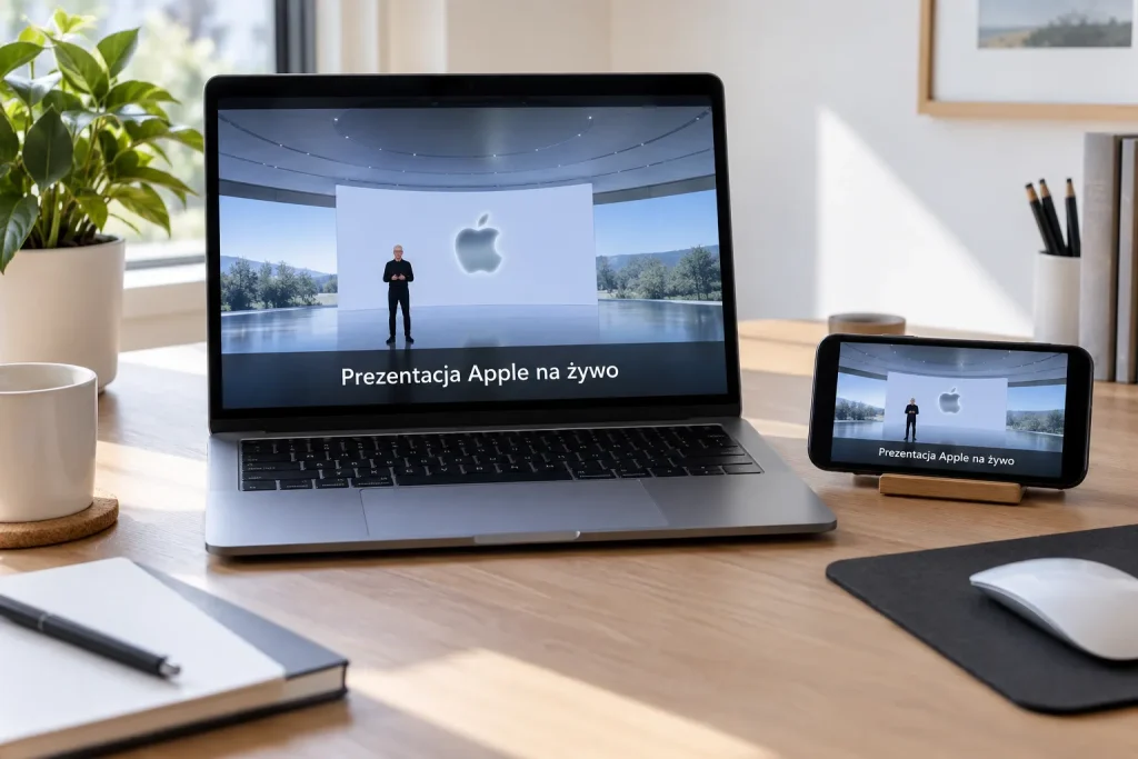 Transmisja prezentacji Apple wyświetlona na laptopie i smartfonie