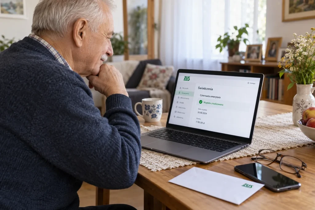 senior sprawdzający na laptopie informację o przelewie czternastej emerytury