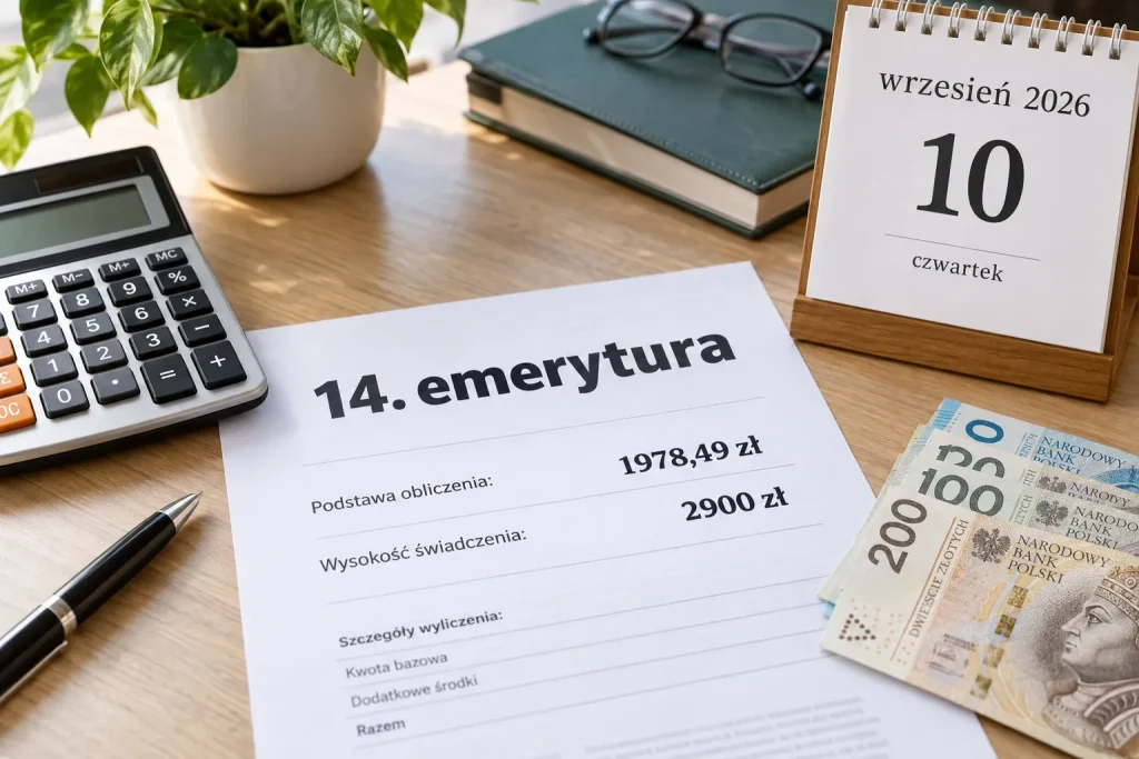  dokument z wyliczeniem czternastej emerytury obok kalkulatora i polskich banknotów