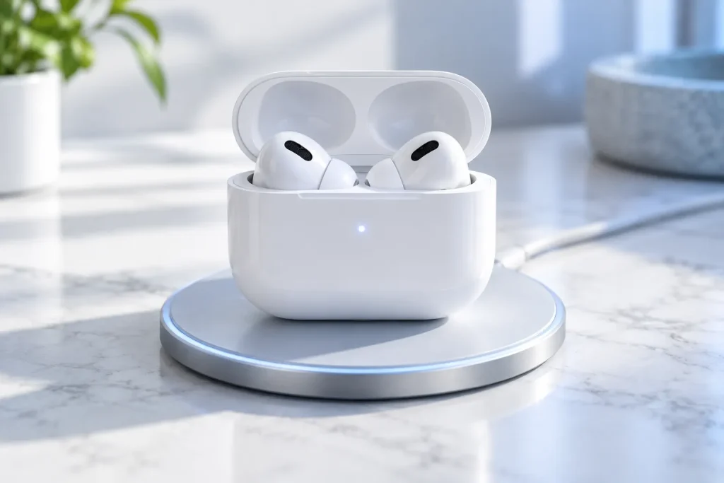 Bezprzewodowe etui AirPods 5 podczas ładowania na ładowarce Qi