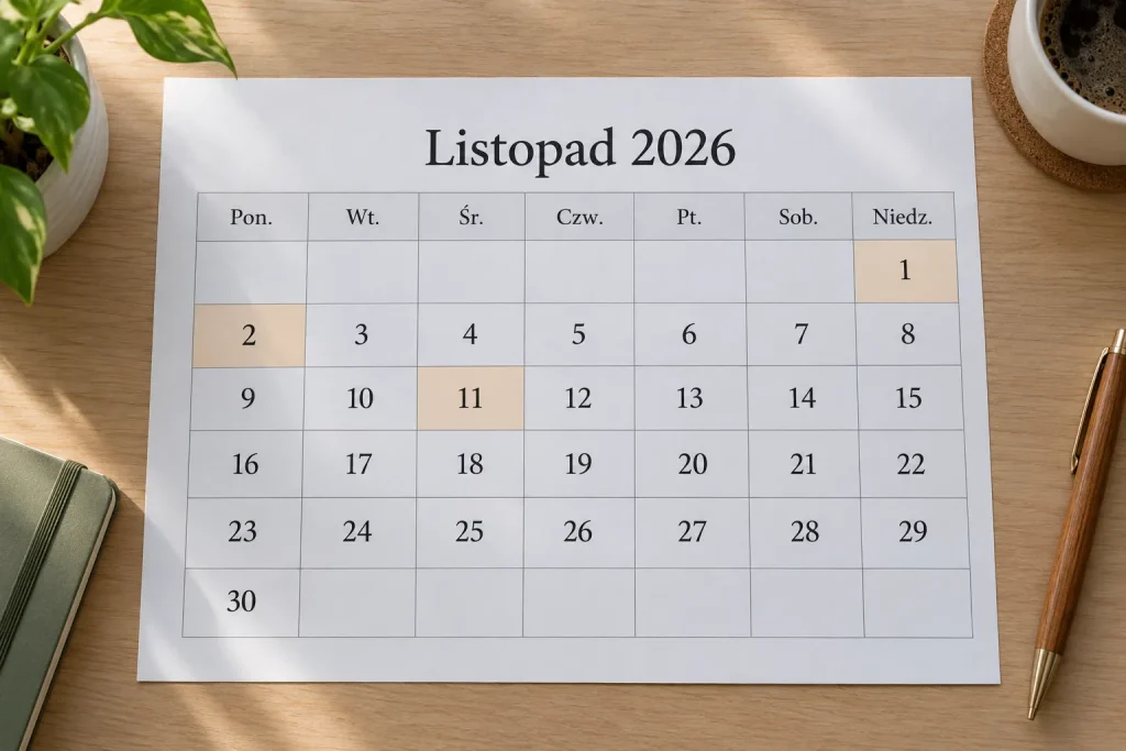 kalendarz listopada 2026 z zaznaczonymi datami 1, 2 i 11 listopada
