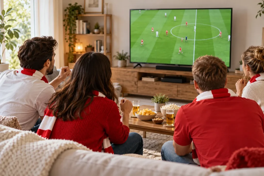 kibice w biało-czerwonych barwach przed telewizorem