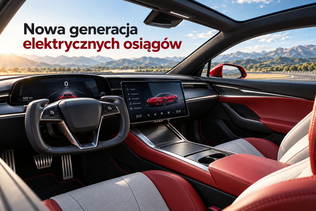 WNĘTRZE SPORTOWEGO SAMOCHODU ELEKTRYCZNEGO Z KIEROWNICĄ I NOWOCZESNYM PANELEM STEROWANIA