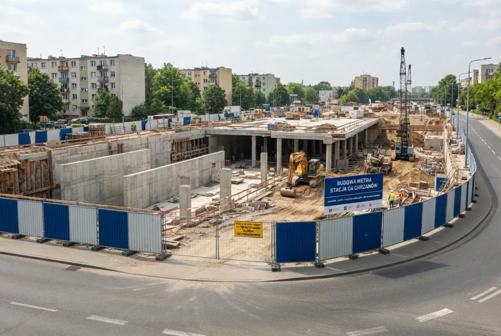 przedstawiono budowaną stację metra Chrzanów na Bemowie wraz z widocznymi elementami konstrukcji przyszłego obiektu