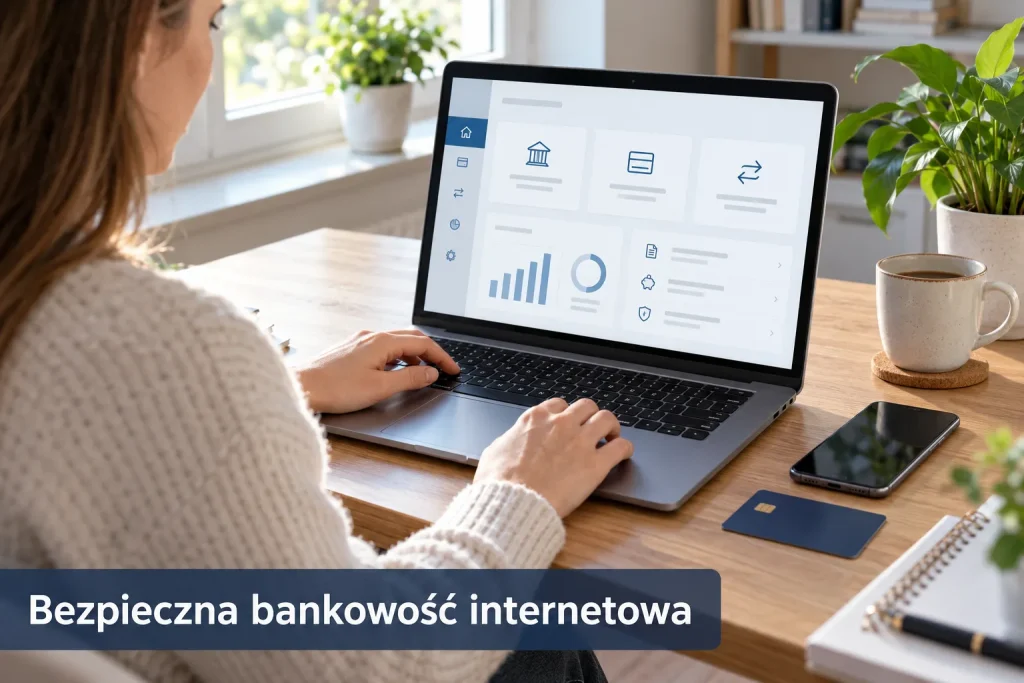  klient sprawdzający komunikat bankowy na smartfonie obok karty płatniczej i laptopa