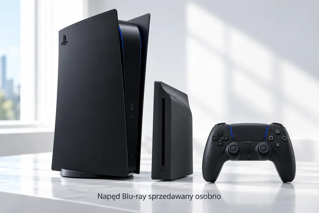 czarna konsola PlayStation 5 Digital Edition Midnight Black z dopasowanym czarnym kontrolerem DualSense na jasnym tle