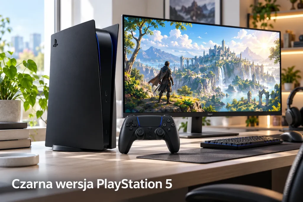 porównanie czarnej konsoli PS5 Midnight Black, kontrolera DualSense i osobnego czarnego napędu Blu-ray na jasnym biurku gamingowym