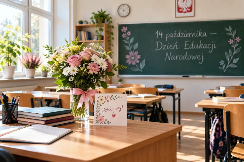 KWIATY, KARTKA Z ŻYCZENIAMI I PRZYBORY SZKOLNE Z OKAZJI DNIA NAUCZYCIELA