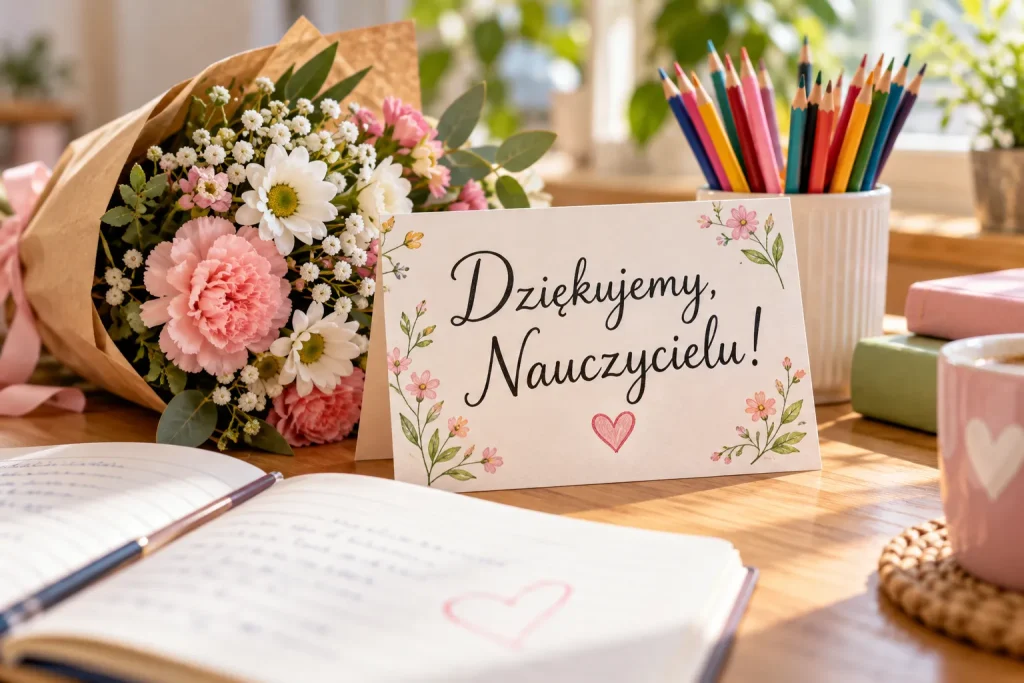 KOLOROWA KARTKA Z PODZIĘKOWANIAMI DLA NAUCZYCIELA I BUKIET KWIATÓW