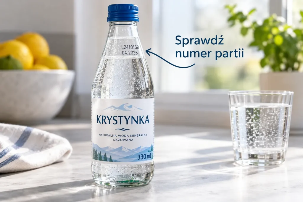 BUTELKA WODY KRYSTYNKA 330 ML Z WIDOCZNĄ ETYKIETĄ I NUMEREM PARTII