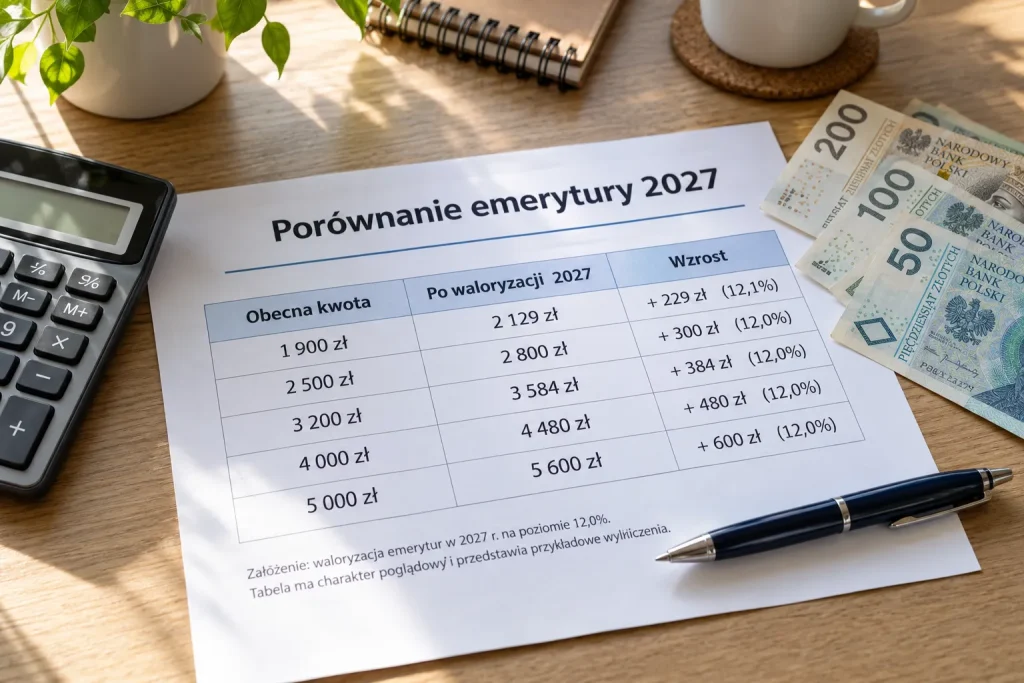 Tabela porównująca wysokość emerytur brutto przed waloryzacją w 2026 roku i po prognozowanej waloryzacji w 2027 roku