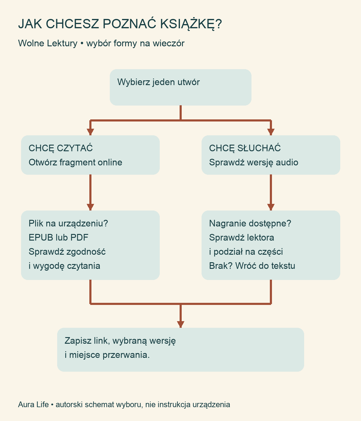 Schemat wyboru: czytanie online, plik EPUB lub PDF albo dostępny audiobook.